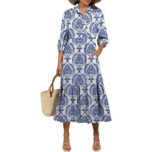 imageANRABESS Women Casual 34 Puff Sleeve Polo V Neck Floral Printed Flowy Swing Loose Summer Boho Maxi Shirt DressesBlue Khaki