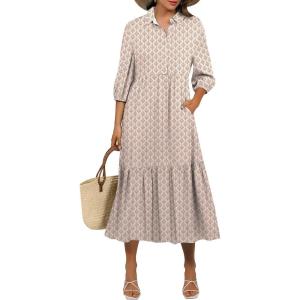 imageANRABESS Women Casual 34 Puff Sleeve Polo V Neck Floral Printed Flowy Swing Loose Summer Boho Maxi Shirt DressesBrown Khaki
