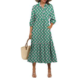imageANRABESS Women Casual 34 Puff Sleeve Polo V Neck Floral Printed Flowy Swing Loose Summer Boho Maxi Shirt DressesFloral Green