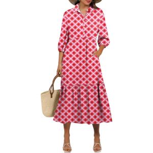 imageANRABESS Women Casual 34 Puff Sleeve Polo V Neck Floral Printed Flowy Swing Loose Summer Boho Maxi Shirt DressesFloral Red