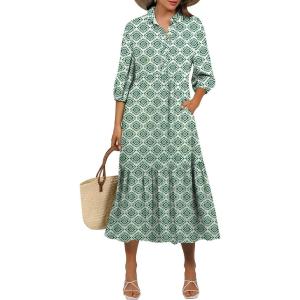 imageANRABESS Women Casual 34 Puff Sleeve Polo V Neck Floral Printed Flowy Swing Loose Summer Boho Maxi Shirt DressesGreen