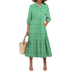 imageANRABESS Women Casual 34 Puff Sleeve Polo V Neck Floral Printed Flowy Swing Loose Summer Boho Maxi Shirt DressesLight Green