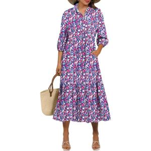 imageANRABESS Women Casual 34 Puff Sleeve Polo V Neck Floral Printed Flowy Swing Loose Summer Boho Maxi Shirt DressesPurple Pink Floral
