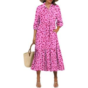 imageANRABESS Women Casual 34 Puff Sleeve Polo V Neck Floral Printed Flowy Swing Loose Summer Boho Maxi Shirt DressesRose Red Floral