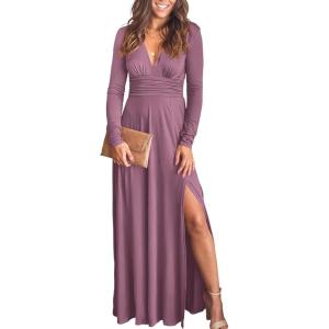 imageANRABESS Women Deep V Neck Long Sleeve Slit 2025 Fall Elegant Formal Wedding Guest Cocktail Evening Date Prom Maxi Long DressZpink
