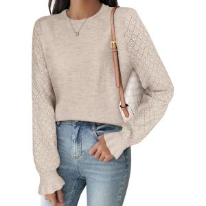 imageANRABESS Women Lace Long Sleeve Tops 2025 Fall Lightweight Sweaters Dressy Casual Knitted Pullover ShirtsAlmond