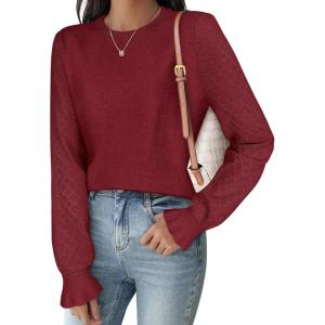 imageANRABESS Women Lace Long Sleeve Tops 2025 Fall Lightweight Sweaters Dressy Casual Knitted Pullover ShirtsRed