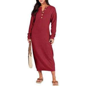 imageANRABESS Women Long Sleeve Button V Neck Oversized Casual Loose Fit Waffle Knit Fall Midi Sweater Dress 2025 Trendy OutfitsRed