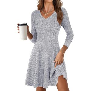 imageANRABESS Women Long Sleeve Ribbed Knit Short Dresses 2025 Fall Winter V Neck Casual Swing A Line Sweater DressGrey