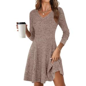 imageANRABESS Women Long Sleeve Ribbed Knit Short Dresses 2025 Fall Winter V Neck Casual Swing A Line Sweater DressKhaki