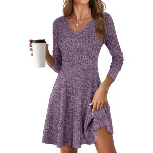 imageANRABESS Women Long Sleeve Ribbed Knit Short Dresses 2025 Fall Winter V Neck Casual Swing A Line Sweater DressPurple