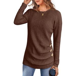 imageANRABESS Women Long Sleeve Tunic Top with Leggings Crewneck Ribbed Knit Buttons Shirts 2025 Fall Casual Lightweight SweatersBrown