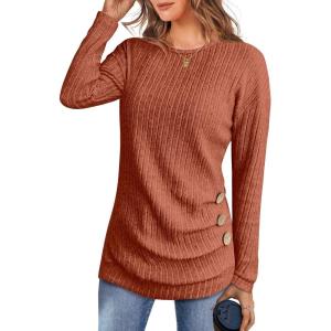 imageANRABESS Women Long Sleeve Tunic Top with Leggings Crewneck Ribbed Knit Buttons Shirts 2025 Fall Casual Lightweight SweatersBurnt Orange