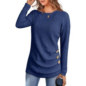 imageANRABESS Women Long Sleeve Tunic Top with Leggings Crewneck Ribbed Knit Buttons Shirts 2025 Fall Casual Lightweight SweatersDark Blue
