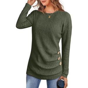 imageANRABESS Women Long Sleeve Tunic Top with Leggings Crewneck Ribbed Knit Buttons Shirts 2025 Fall Casual Lightweight SweatersDeep Green