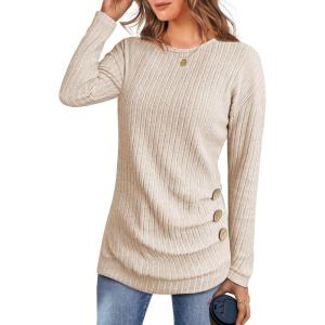imageANRABESS Women Long Sleeve Tunic Top with Leggings Crewneck Ribbed Knit Buttons Shirts 2025 Fall Casual Lightweight SweatersLight Khaki