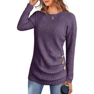 imageANRABESS Women Long Sleeve Tunic Top with Leggings Crewneck Ribbed Knit Buttons Shirts 2025 Fall Casual Lightweight SweatersPurple
