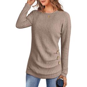 imageANRABESS Women Long Sleeve Tunic Top with Leggings Crewneck Ribbed Knit Buttons Shirts 2025 Fall Casual Lightweight SweatersTan