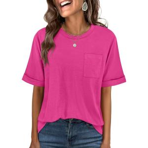 imageANRABESS Women Oversized T Shirts Short Sleeve Summer Casual Loose Top Basic Tee with PocketHot Pink