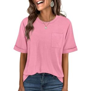 imageANRABESS Women Oversized T Shirts Short Sleeve Summer Casual Loose Top Basic Tee with PocketPink