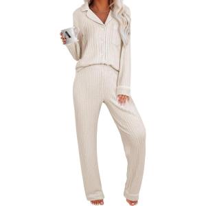 imageANRABESS Women Pajama Sets Long Sleeve Button Ribbed Top Pants Matching Lounge Set Casual Fall 2 Piece Outfit Sleepwear PJBeige