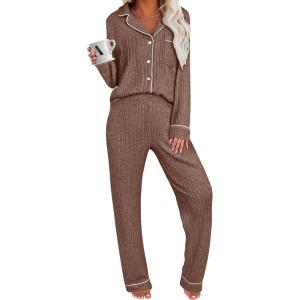imageANRABESS Women Pajama Sets Long Sleeve Button Ribbed Top Pants Matching Lounge Set Casual Fall 2 Piece Outfit Sleepwear PJBrown