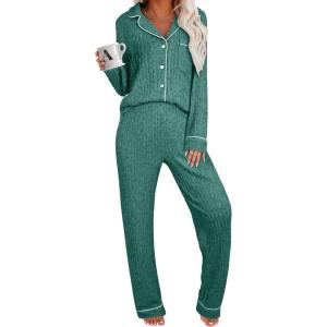 imageANRABESS Women Pajama Sets Long Sleeve Button Ribbed Top Pants Matching Lounge Set Casual Fall 2 Piece Outfit Sleepwear PJDeep Green