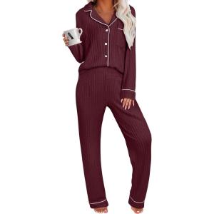 imageANRABESS Women Pajama Sets Long Sleeve Button Ribbed Top Pants Matching Lounge Set Casual Fall 2 Piece Outfit Sleepwear PJDeep Red