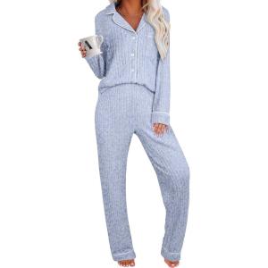 imageANRABESS Women Pajama Sets Long Sleeve Button Ribbed Top Pants Matching Lounge Set Casual Fall 2 Piece Outfit Sleepwear PJLight Blue