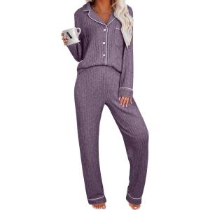 imageANRABESS Women Pajama Sets Long Sleeve Button Ribbed Top Pants Matching Lounge Set Casual Fall 2 Piece Outfit Sleepwear PJPurple