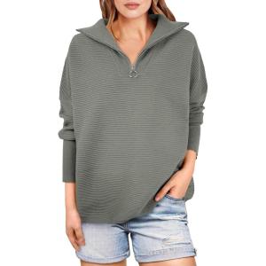 imageANRABESS Women Quarter Zip Oversized Casual Loose Rib Knit Cozy Pullover Sweaters Top 2025 Fall Fashion Outfits ClothesGrass Green