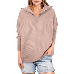 imageANRABESS Women Quarter Zip Oversized Casual Loose Rib Knit Cozy Pullover Sweaters Top 2025 Fall Fashion Outfits ClothesKhaki  Peach Brown