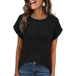 imageANRABESS Women Shirts Summer Sweaters Regular Fit Short Sleeve Tunic Tops 2025 Dressy Casual Business BlousesBlack