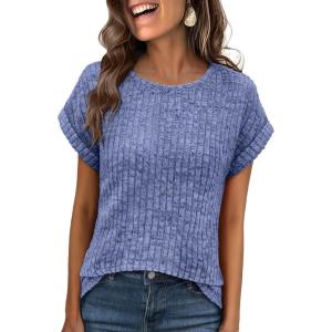 imageANRABESS Women Shirts Summer Sweaters Regular Fit Short Sleeve Tunic Tops 2025 Dressy Casual Business BlousesBlue
