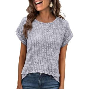 imageANRABESS Women Shirts Summer Sweaters Regular Fit Short Sleeve Tunic Tops 2025 Dressy Casual Business BlousesGrey