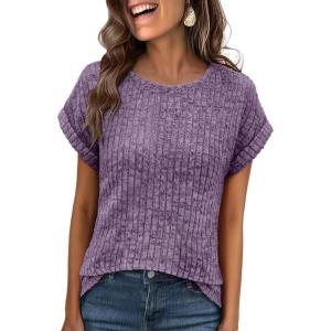 imageANRABESS Women Shirts Summer Sweaters Regular Fit Short Sleeve Tunic Tops 2025 Dressy Casual Business BlousesPurple