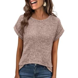 imageANRABESS Women Shirts Summer Sweaters Regular Fit Short Sleeve Tunic Tops 2025 Dressy Casual Business BlousesTan