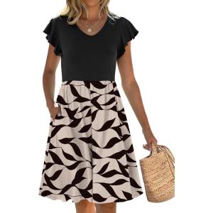 imageANRABESS Women Summer Casual 2025 Ruffle Sleeveless V Neck Short Sundress Flowy Aline Cute Beach Mini Dress with PocketsBeige Black Leaf