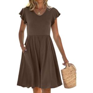 imageANRABESS Women Summer Casual 2025 Ruffle Sleeveless V Neck Short Sundress Flowy Aline Cute Beach Mini Dress with PocketsCoffee