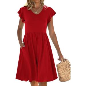 imageANRABESS Women Summer Casual 2025 Ruffle Sleeveless V Neck Short Sundress Flowy Aline Cute Beach Mini Dress with PocketsRed