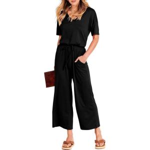 imageANRABESS Women Summer Casual Short Sleeve V Neck Elastic Waist Wide Leg Cropped Pants Jumpsuits Rompers with Pockets00black