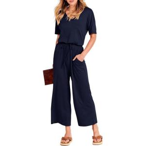 imageANRABESS Women Summer Casual Short Sleeve V Neck Elastic Waist Wide Leg Cropped Pants Jumpsuits Rompers with Pockets01blue