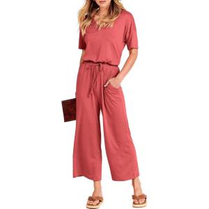 imageANRABESS Women Summer Casual Short Sleeve V Neck Elastic Waist Wide Leg Cropped Pants Jumpsuits Rompers with Pockets02peach