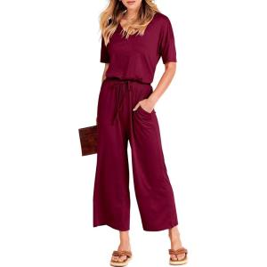 imageANRABESS Women Summer Casual Short Sleeve V Neck Elastic Waist Wide Leg Cropped Pants Jumpsuits Rompers with Pockets02wine Red