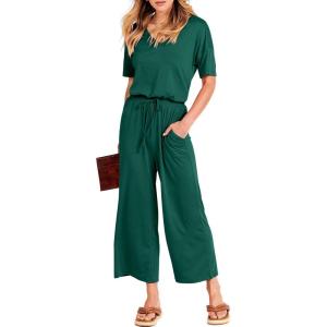imageANRABESS Women Summer Casual Short Sleeve V Neck Elastic Waist Wide Leg Cropped Pants Jumpsuits Rompers with Pockets03deep Green