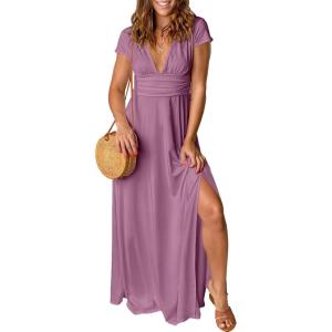 imageANRABESS Women Summer Deep V Neck Short Sleeve Dresses Slit Elegant Wedding Guest Formal Cocktail Evening Maxi Long DressDark Pink