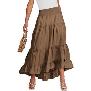 imageANRABESS Women Summer Maxi Skirt Elastic High Waist Flowy Boho Casual Tiered Aline Long Beach Skirts 2025 Trendy OutfitsCoffee