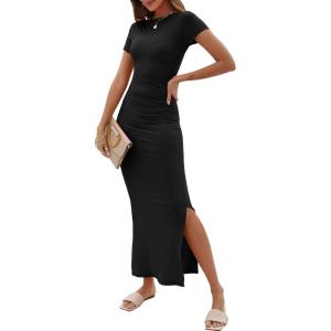 imageANRABESS Women Summer Short Sleeve Ruched Bodycon Slit Club Evening Party Cocktail Formal Wedding Guest Long Maxi DressesBlack
