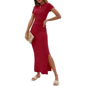 imageANRABESS Women Summer Short Sleeve Ruched Bodycon Slit Club Evening Party Cocktail Formal Wedding Guest Long Maxi DressesDeep Red