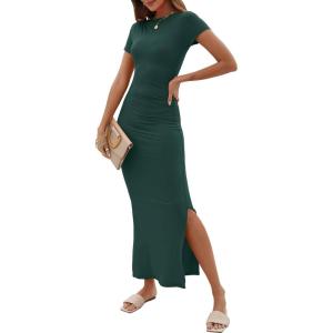 imageANRABESS Women Summer Short Sleeve Ruched Bodycon Slit Club Evening Party Cocktail Formal Wedding Guest Long Maxi DressesDrak Green